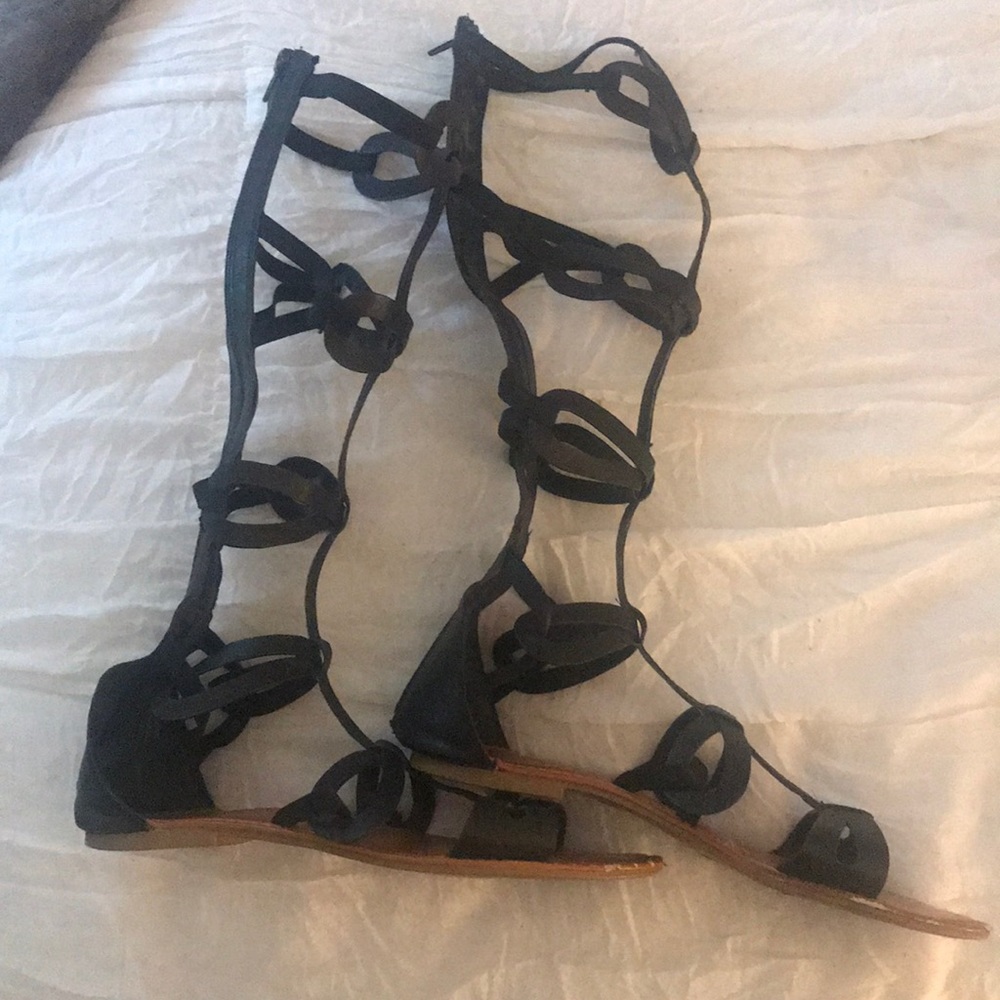 Maurice’s knee high caged gladiator sandals